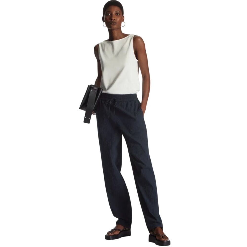 COS | Black Cotton Tapered Relaxed Fit Seersucker Trousers | Size 6